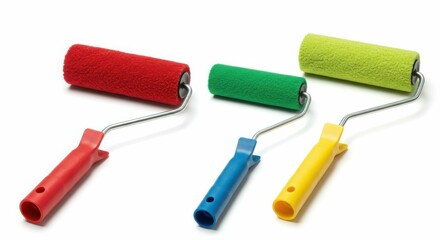 Set of three colorful paint rollers on white background