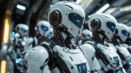 Fototapeta premium A Line of Futuristic Robots in a Dark Corridor