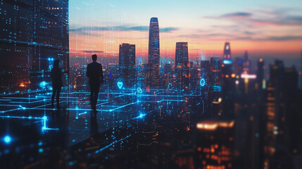 Fototapeta premium abstract professional business team people connection of line from nail node to node on Smart digital cityscap and skyline background , Innovation networking concept