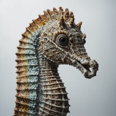 A seahorse with intricate textures and patterns, isolated on white.