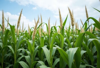Obraz premium Corn field with blue sky and white clouds.