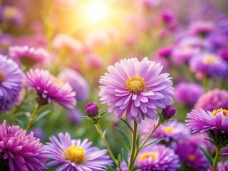 Obraz premium Blooming Summer Aster Flowers: Vibrant Purple and Pink Floral Background with Copy Space