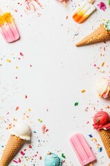 Colorful ice cream cones and popsicles arranged on a white background for a vibrant summer display inviting creativity and fun