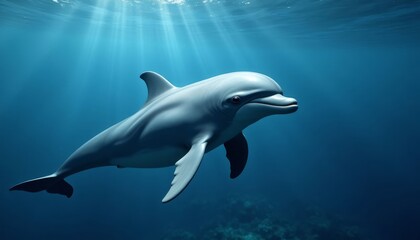Dolphin swimming in blue water with sunbeams