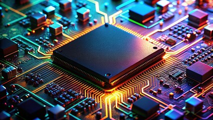 Close-up of Black Microchip on Circuit Board - Electronics Technology Stock Photo