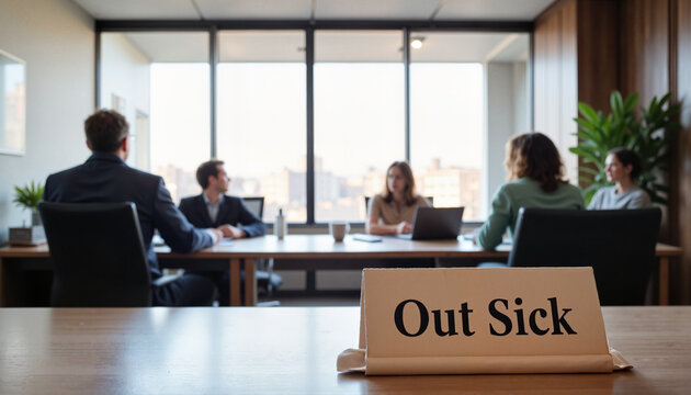 Business meeting in a modern office with a "Out Sick" sign on the table
