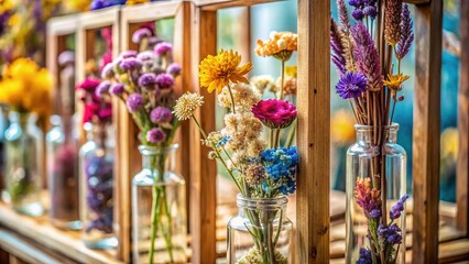 Fototapeta premium Dried Flowers in Tall Glass Vases, Wooden Frame Close-Up - Rustic Home Decor