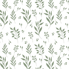 Floral seamless pattern. Greenery background.  Eco friendly background. Foliage, branches, leaves, plants hand drawn silhouette design. Elegant seamless background endless pattern minimalist style