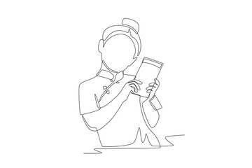 Children receiving red envelopes concept one-line drawing