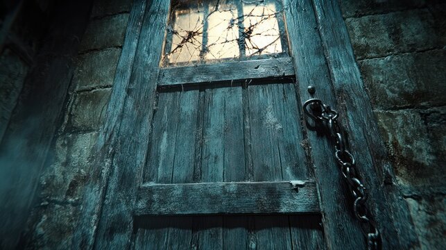 Chained cell door, dark prison, escape, mystery