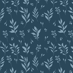 Floral seamless pattern. Greenery background.  Eco friendly background. Foliage, branches, leaves, plants hand drawn silhouette design. Elegant seamless background endless pattern minimalist style