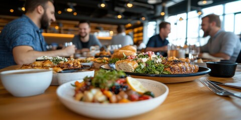A diverse group shares a vibrant lunch spread in a modern eatery, capturing the joy of camaraderie and good food.