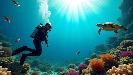 Fototapeta premium Diver explores vibrant coral reef while swimming alongside a sea turtle in crystal clear waters