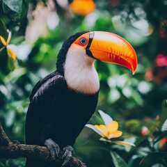 Fototapeta premium Majestic toucan bird in lush tropical forest wildlife photography nature scene close-up view