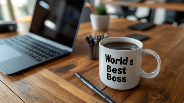 A coffee mug labeled "World's Best Boss" sits on a wooden desk, representing leadership appreciation in a cozy office setting.