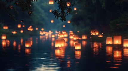 River lanterns, night festival, jungle setting, peaceful atmosphere, tourism