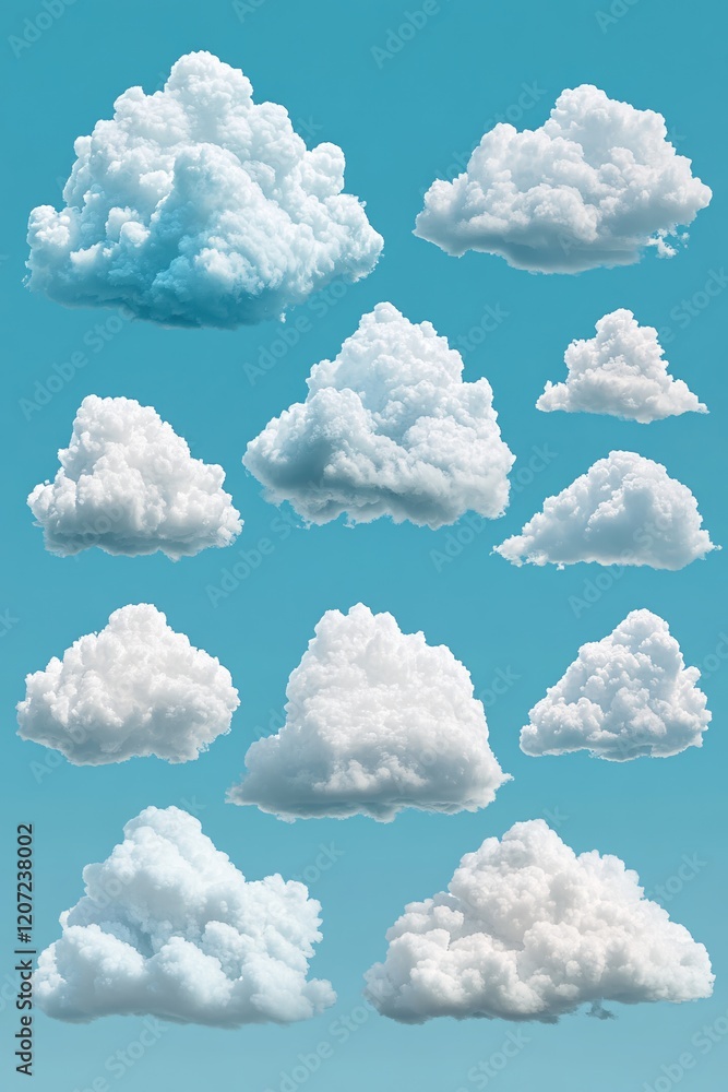 Poster fluffy white clouds in a blue sky collection ideal for design projects and backgrounds