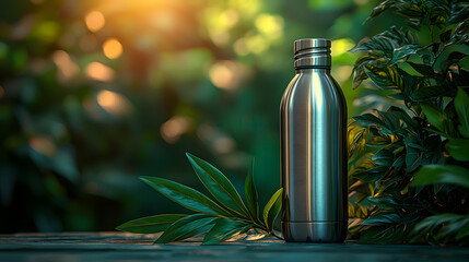 Close-Up of a Reusable Stainless Steel Water Bottle with a Sleek Metallic Finish and Eco-Friendly Design