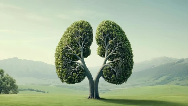 A green field with mountains in the background, a tree shaped like lungs growing on it, against a light blue sky.	