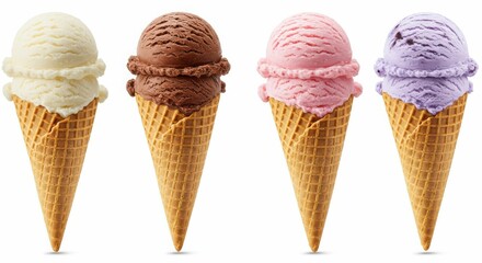 Four delicious ice cream cones: vanilla, chocolate, strawberry, and blueberry flavors
