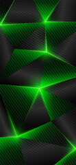 Carbon fiber low poly smartphone wallpaper. Abstract geometric background. Shining lines, triangle. Green energy. Gray green low poly triangles background. Polygonal futuristic style. Vector