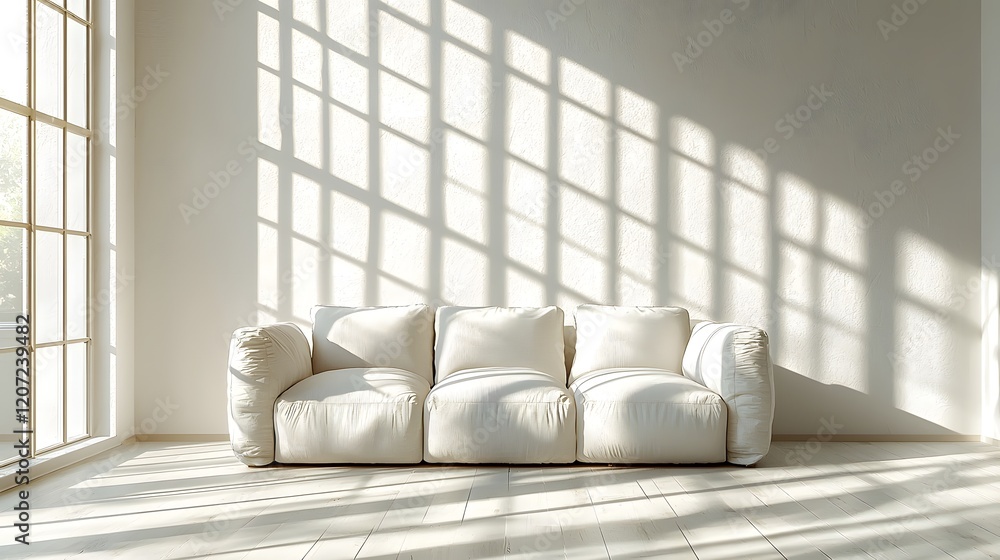 Poster A clean and modern white studio room with natural light casting soft shadows on a minimalist sofa chair in the center of the frame creating a serene and calming atmosphere