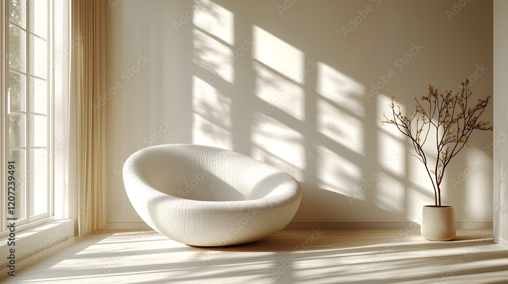 Poster a clean and modern white studio room with natural light casting soft warm shadows on a minimalist in