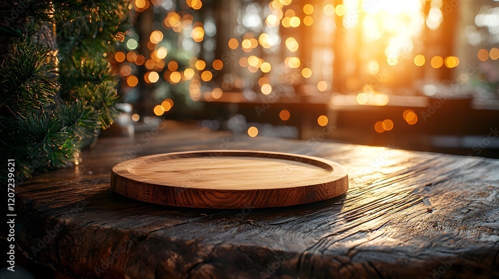 Poster a natural wooden plate resting on a weathered textured table surrounded by a warm golden bokeh glow 