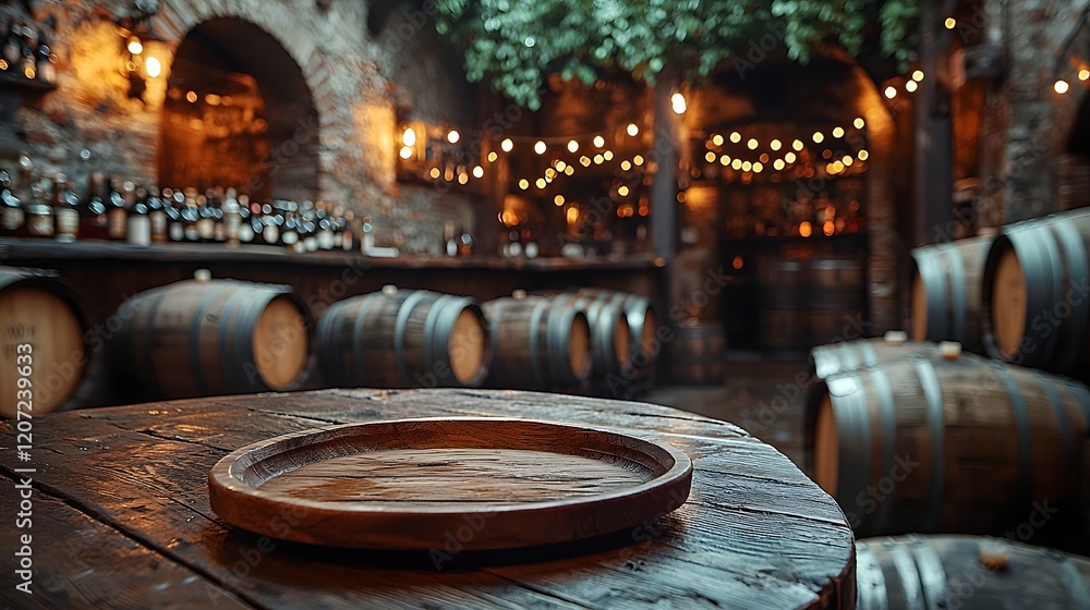 Poster a cozy rustic countryside bar setting with a wooden plate in the foreground complemented by vintage 