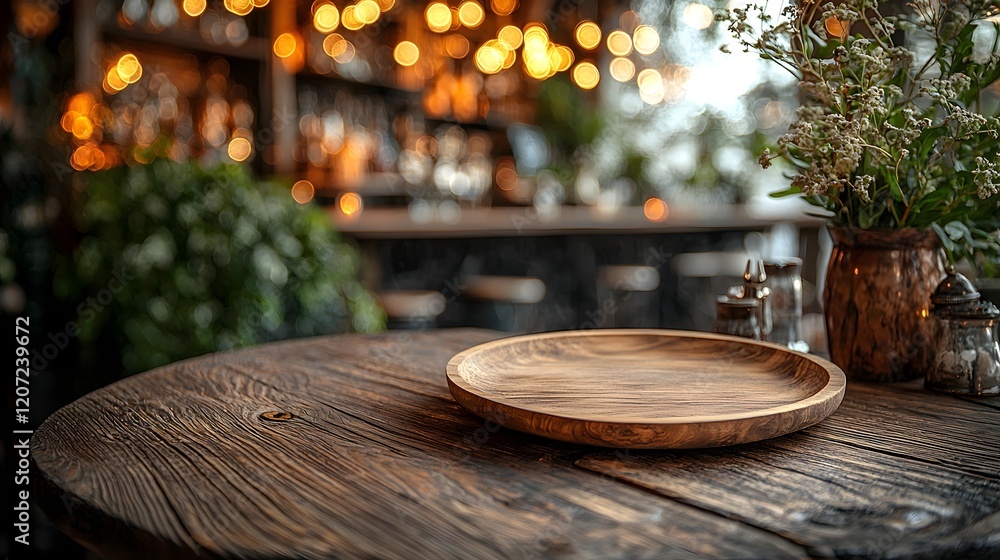 Poster a natural wooden plate rests on a textured table in the foreground surrounded by a dreamy soft bokeh