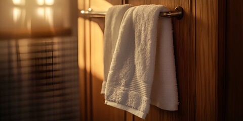 Close-up of a white towel hanging on a wooden cabinet, commercial photography,