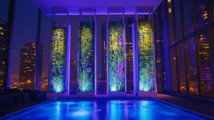 Night View of City Skyline from Modern Rooftop Pool with Colorful Illuminated Walls