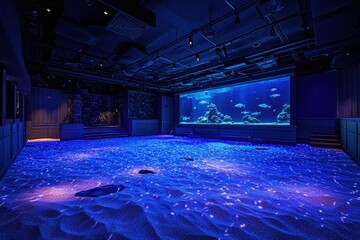 Enchanting Underwater Ambiance of a Modern Event Space Featuring a Vibrant Aquarium and Soft Lighting for Unique Experiences and Gatherings