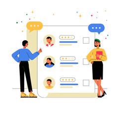 Job Application Review With Male And Female Recruiter In Flat Vector Illustration Symbolizing Hiring Process, Recruitment, And Evaluation, Isolated On White Background