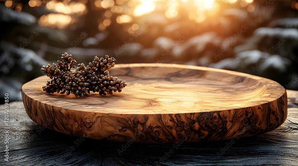 Poster a side positioned wooden plate with rich natural textures highlighted by a warm and gentle bokeh glo