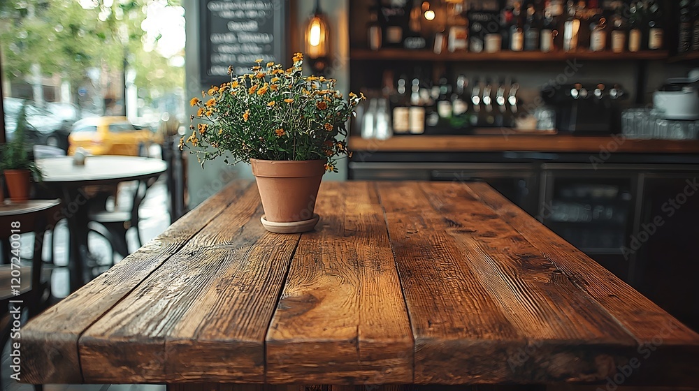 Poster A warm and inviting rustic bar setting featuring a wooden table in the foreground highlighting natural textures and cozy inviting tones