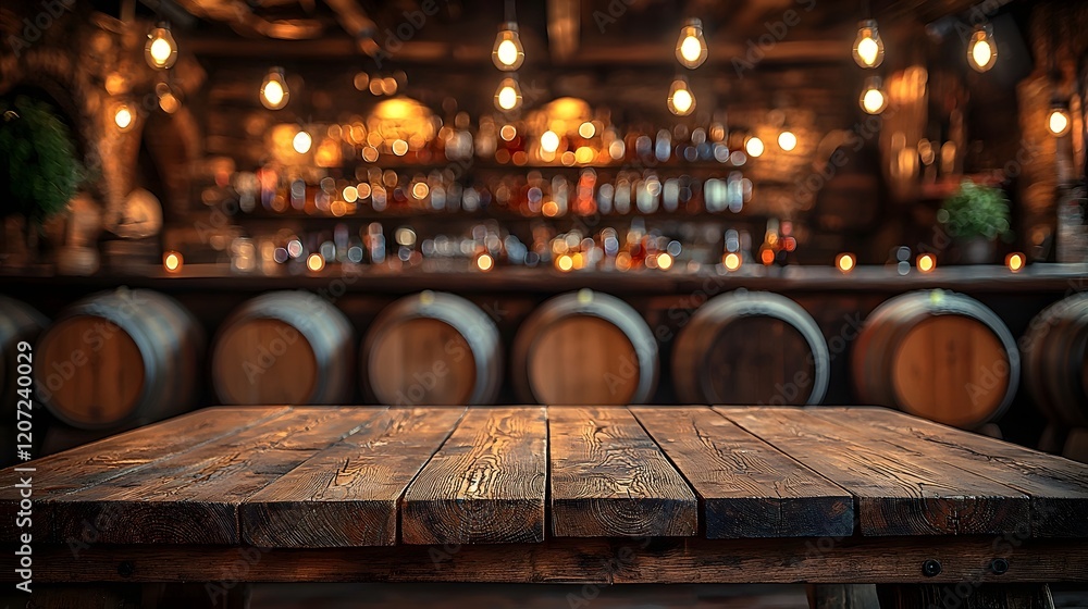 Poster a warm and cozy countryside bar featuring a wooden table in the foreground surrounded by barrels and