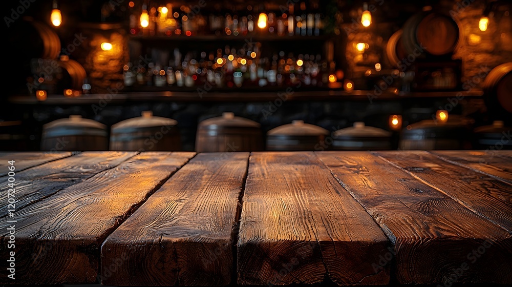 Aufkleber A weathered wooden table with visible grain texture set against a rustic countryside bar background featuring old barrels and dim warm lighting creating a cozy atmospheric ambiance