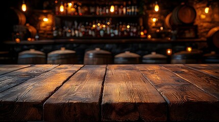 A weathered wooden table with visible grain texture set against a rustic countryside bar background featuring old barrels and dim warm lighting creating a cozy atmospheric ambiance