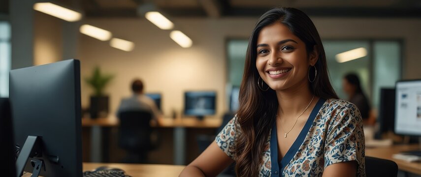 A cheerful young Indian woman in a modern office environment, smiling at the camera while working on her computer