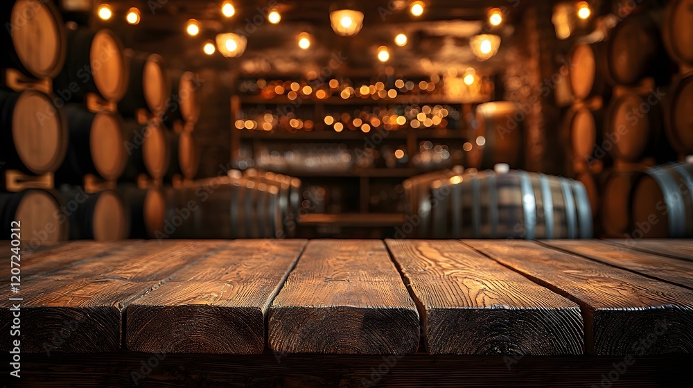 Poster a wooden table with visible grain texture set against a rustic countryside bar background featuring 