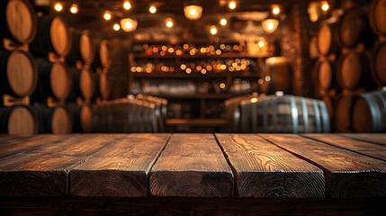 A wooden table with visible grain texture set against a rustic countryside bar background featuring barrels and dim lighting that creates a cozy vintage inspired ambiance  The image showcases a warm