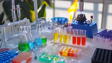 A science lab table with colorful liquids in test tubes, beakers, and a Bunsen burner