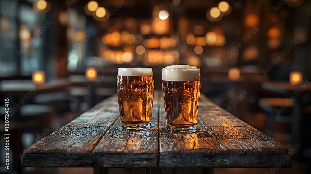 Poster Atmospheric rustic bar scene with a weathered wooden table in the foreground and warm blurred tones in the background creating a cozy and intimate ambience for socializing and enjoying drinks
