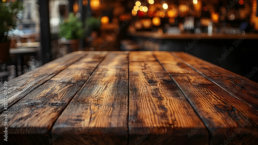 Fototapete Atmospheric rustic scene featuring a weathered wooden table in the foreground of a cozy bar or pub setting with warm tones and a blurred background creating a relaxing intimate ambiance