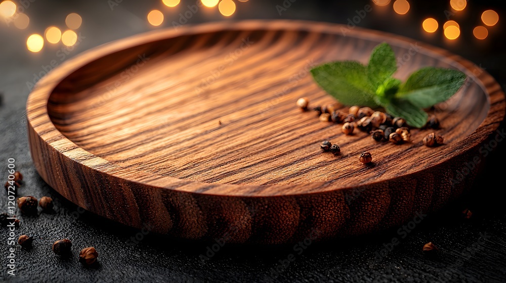 Poster Beautifully textured wooden plate set against a warm and gently blurred bokeh background creating an elegant and atmospheric scene perfect for product photography and branding applications