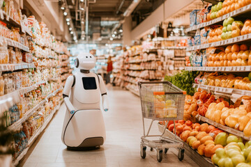 Innovative robot assists shoppers with grocery cart in busy supermarket aisle