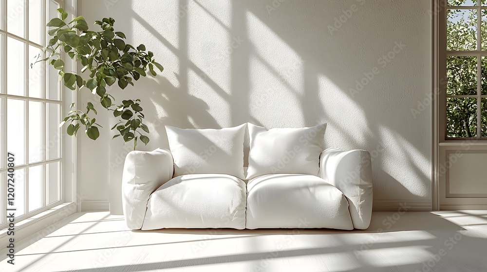 Poster bright and airy sunlit studio room featuring a modern minimalist white sofa chair placed at the cent
