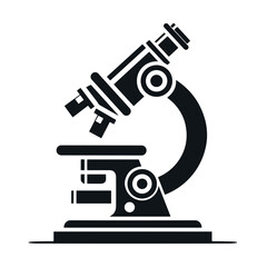 Stylized black-and-white illustration of a laboratory microscope on a flat surface
