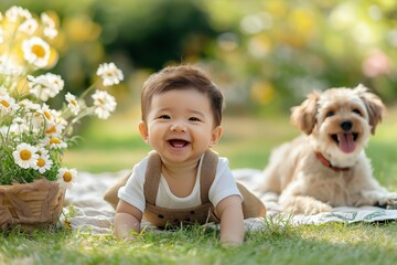 Smiling asian baby crawls on grassy lawn with dog beside blooming flowers in sunny park